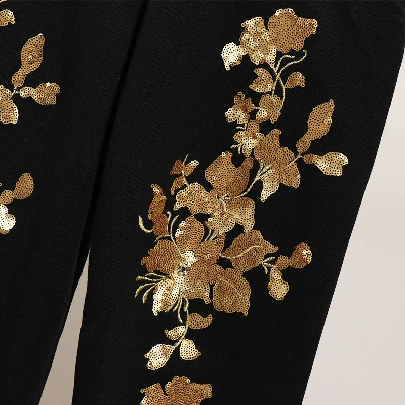 Cakucool осенний высококачественный трикотажный комплект из двух предметов, вышитое бисером, с длинным рукавом и круглым вырезом, золотой цветочный Вышитый Костюм, повседневный женский костюм