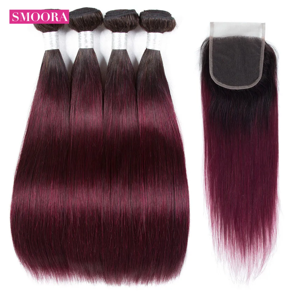 ombre straight hair 1b 99j 4 bundle hair with closure free part1