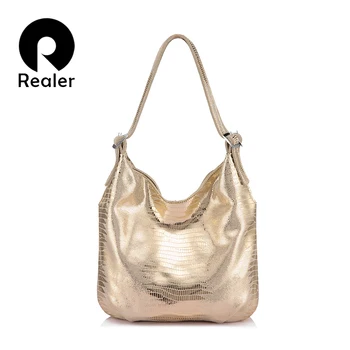 

REALER shoulder strap bag women genuine leather handbags female adjustable animal prints totes designer ladies top-handle bags