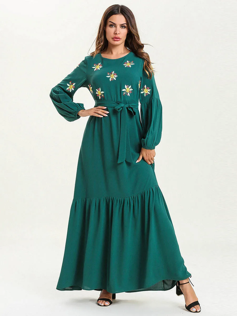 

2019 Spring Autumn Women Dress O Neck Long Sleeve Dress Big Size 4XL Embroidery Flower Green Dress