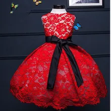 Пушистый сладкий красный Кружево свадебное платье для Обувь для девочек, Одежда для первого дня рождения Детское бальное платье, бантом ручной работы крещения крестильное платье