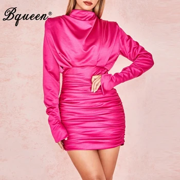 

Bqueen 2019 New Women Solid Sexy Bandage Dress Long Sleeve Stand Neck Draped Sheath Fashion Bodycon Party Club Dress