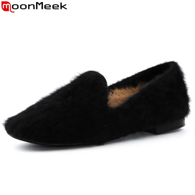 

MoonMeek 2019 hot sale new single shoes woman square toe shallow flats women fur casual comfortable flat shoes women big size