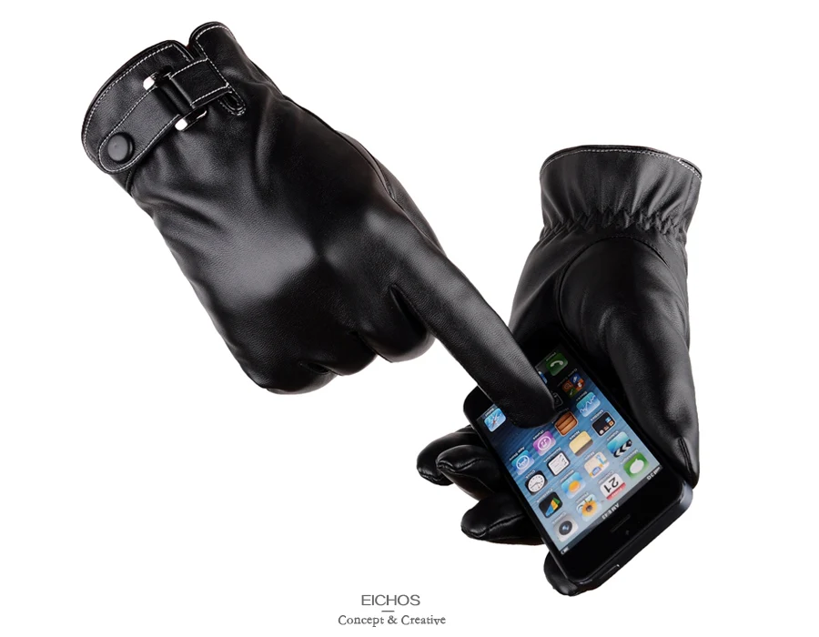 EICHOS Мода PU мужские кожаные перчатки ветрозащитный Открытый мужские перчатки плюс бархатные мягкие зимние теплые сенсорный экран перчатки