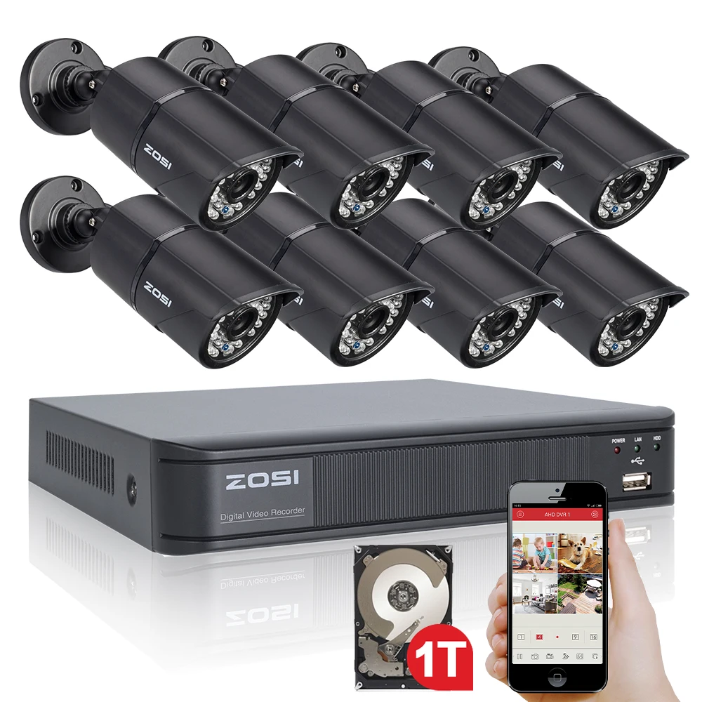 ZOSI 8CH CCTV системы 720 P DVR 1 ТБ HDD 8 шт. 1200TVL ИК Открытый защищенная от атмосферных воздействий CCTV камера охранных наблюдения наборы