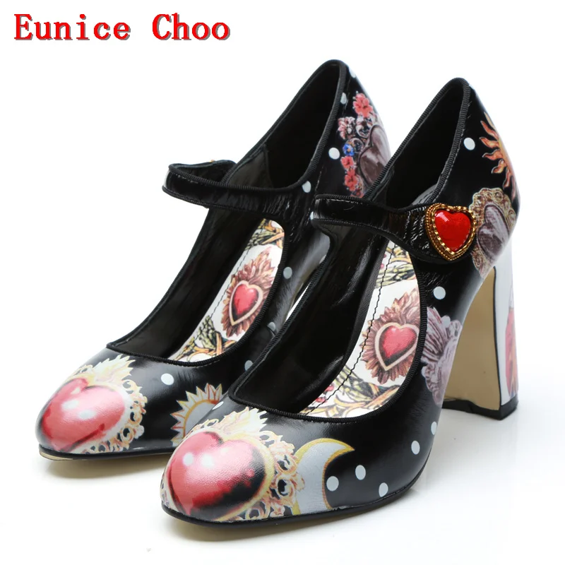 Black Red Leather Heart Buckle High heeled Mary Janes Shoes Women 10cm