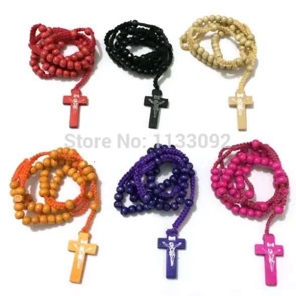 

wholesale free ePacket ship 36pcs/lot Mix colors Catholic Confirmation Gift Holy Spirit Cross Wood Beads Cord Rosary Necklace