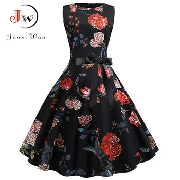 

Summer Dress Women Floral Print Vintage Dresses Casual Sleeveless Midi A-line Elegant Party Dress robe femme Plus Size