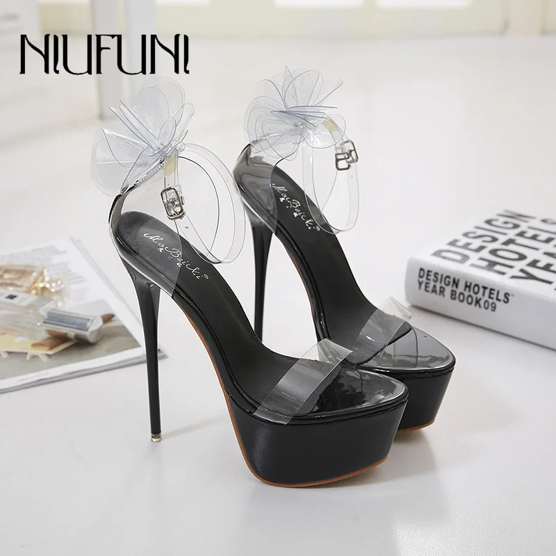 

2019 Summer New Transparent Flower Waterproof Platform Sandals High-heeled Word With Sandals Sexy Solid Color Women's Shoes