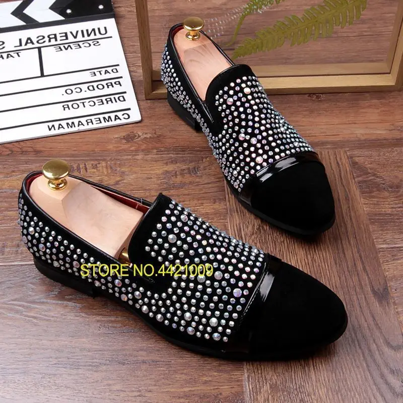 

New 2018 Driving Shoes for men Flats Rhinestone Glitter Slip on Handmade Mans Loafers Boats Shoes Dress Wedding Shoe Fashion