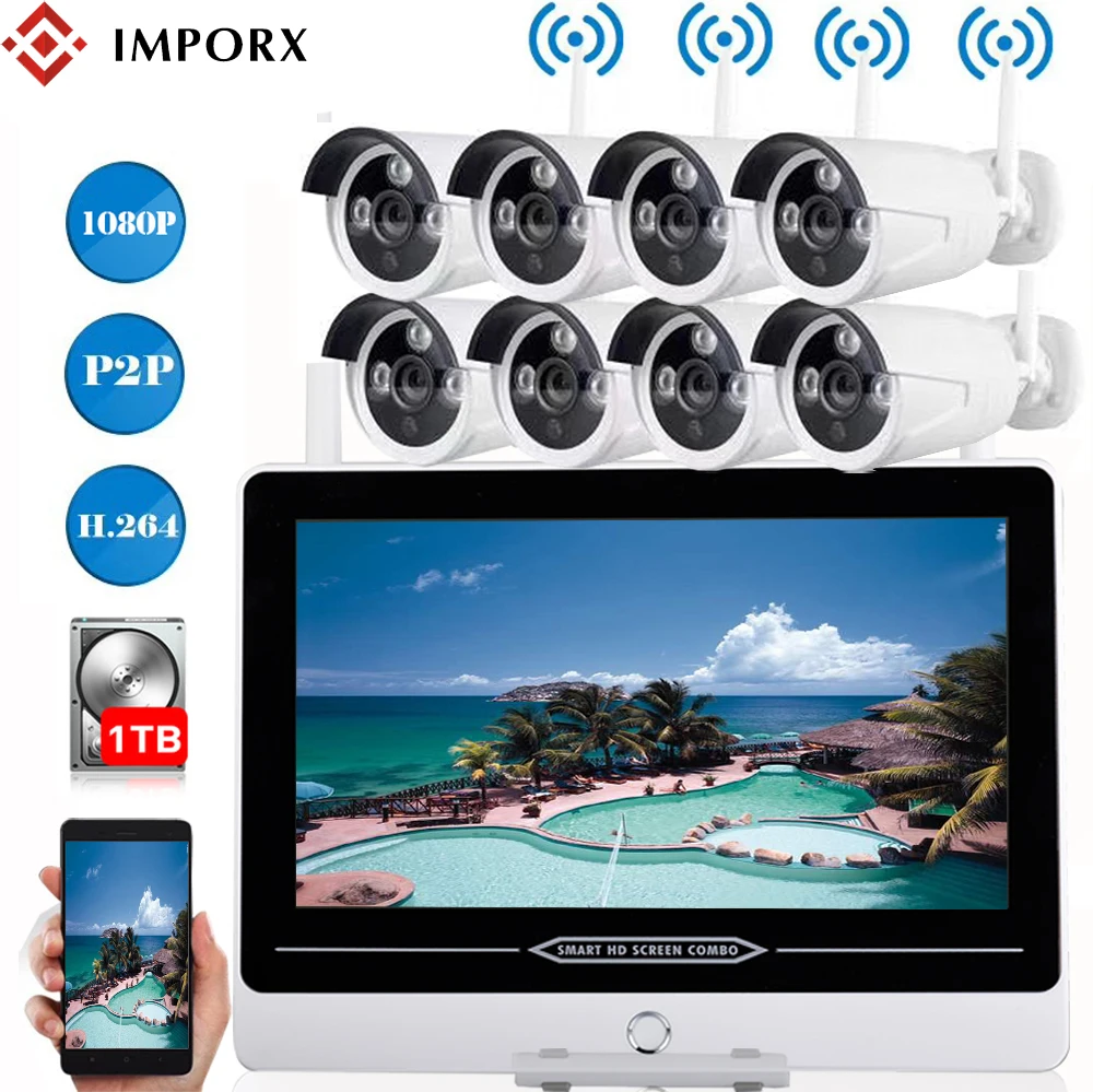 

IMPORX 8CH 1080P 13" LCD NVR Kit Wireless Security Camera System 2MP Outdoor Waterproof IR WIFI IP Camera Video Surveillance Set