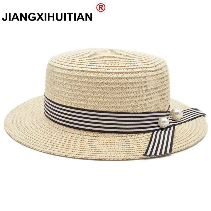 Lady Boater Sun Caps Ribbon Round Flat Top Straw Beach Panama Summer for Women Straw Hat Snapback Gorras