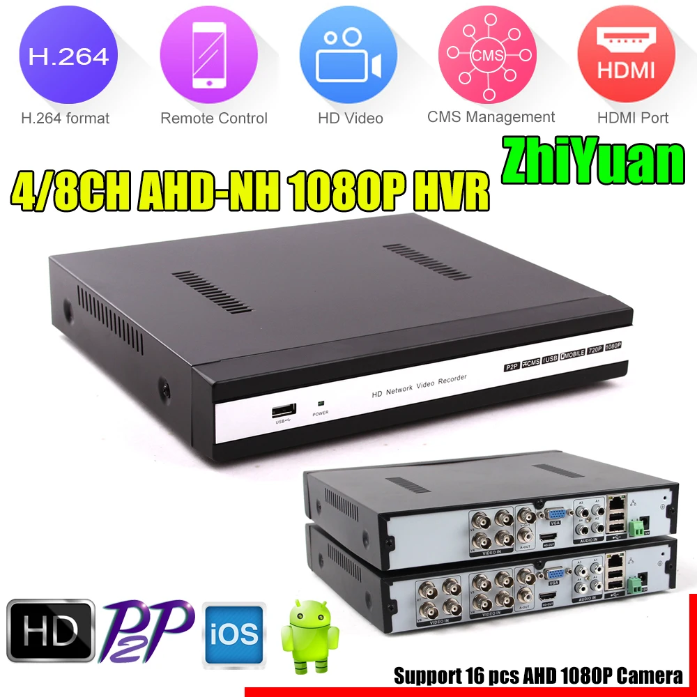 4Channel 8 Channel 1080N/960P/720P/ 960H Zhiyuan Chip Hybrid NVR AHD DVR With Remote Control Support Up to 6TB HDD Free Shipping