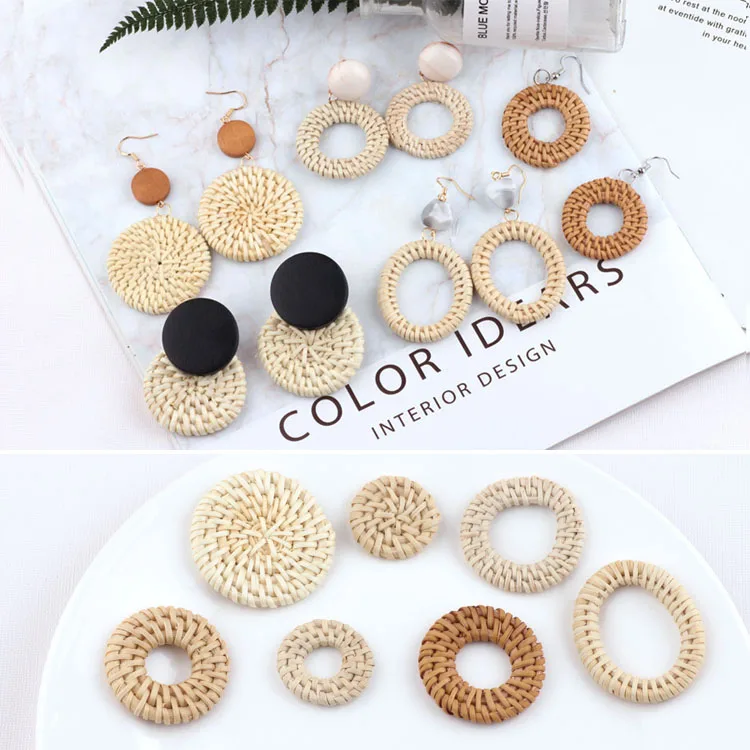 

2pcs holiday wind exaggerated geometric round bamboo and rattan woven earrings charm accessories of Stud Earrings finding