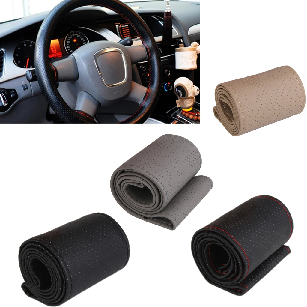 DIY PU LEATHER STEERING WHEEL COVER PROTECTOR WITH NEEDLES THREAD BLACK+RED