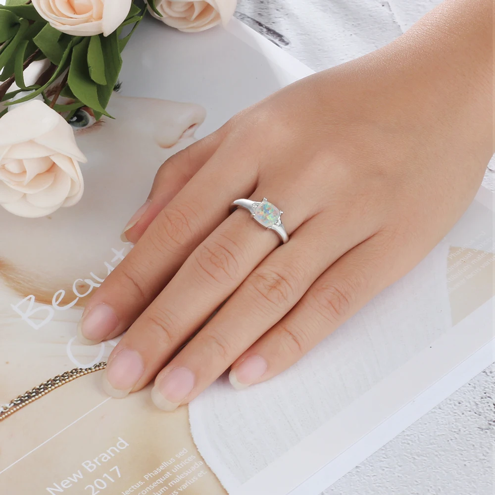 Женские 925 пробы серебряные кольца с кубическим цирконием, квадратные кольца с белым опалом для девочек, размеры 6, 7, 8, ювелирные изделия на палец(Lam Hub Fong