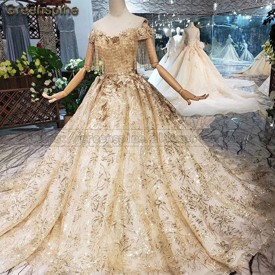 Greenspine Золотой Цехин Свадебные платья Robe De Mariee изящные свадебные платья с открытыми плечами платье с кисточками свадебное платье