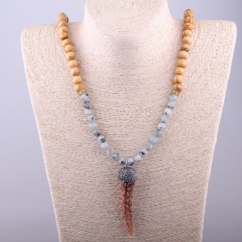 

Free Shipping Bohemian Jewelry Fashion Natural Stones and Wood Beads Ox Horn Pendant Necklace