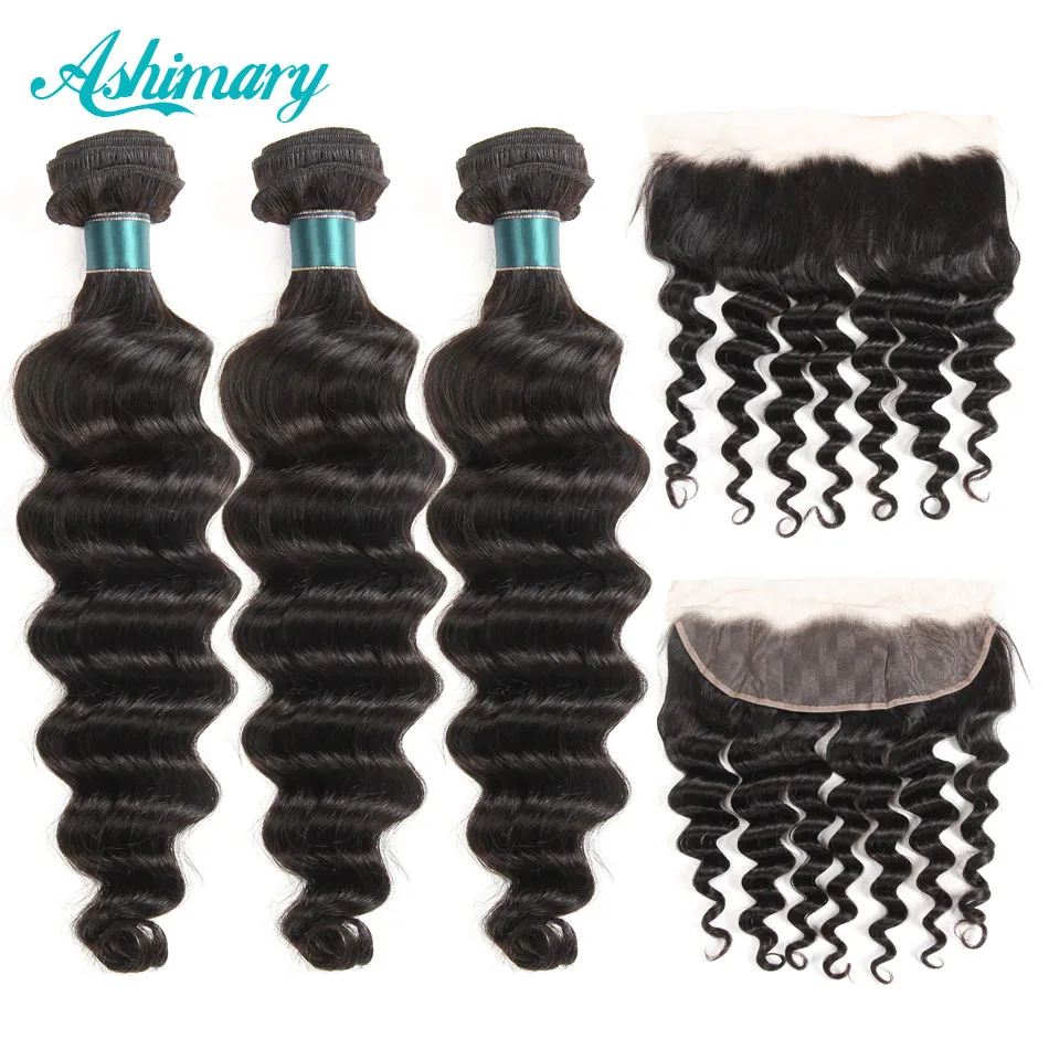 melhor Ashimary Profundo Solto Brasileira Lace Frontal Encerramento com Bundles 3 Pacotes com Rendas Frontal Do Cabelo Remy Extensões de Cabelo Humano