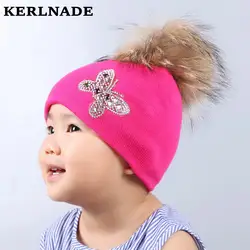 Новый дизайн детская Милая зимняя шапка из норки помпоном ребенка милые шапочки Skullies индивидуальные бабочка Роскошные Хлопок Gorro