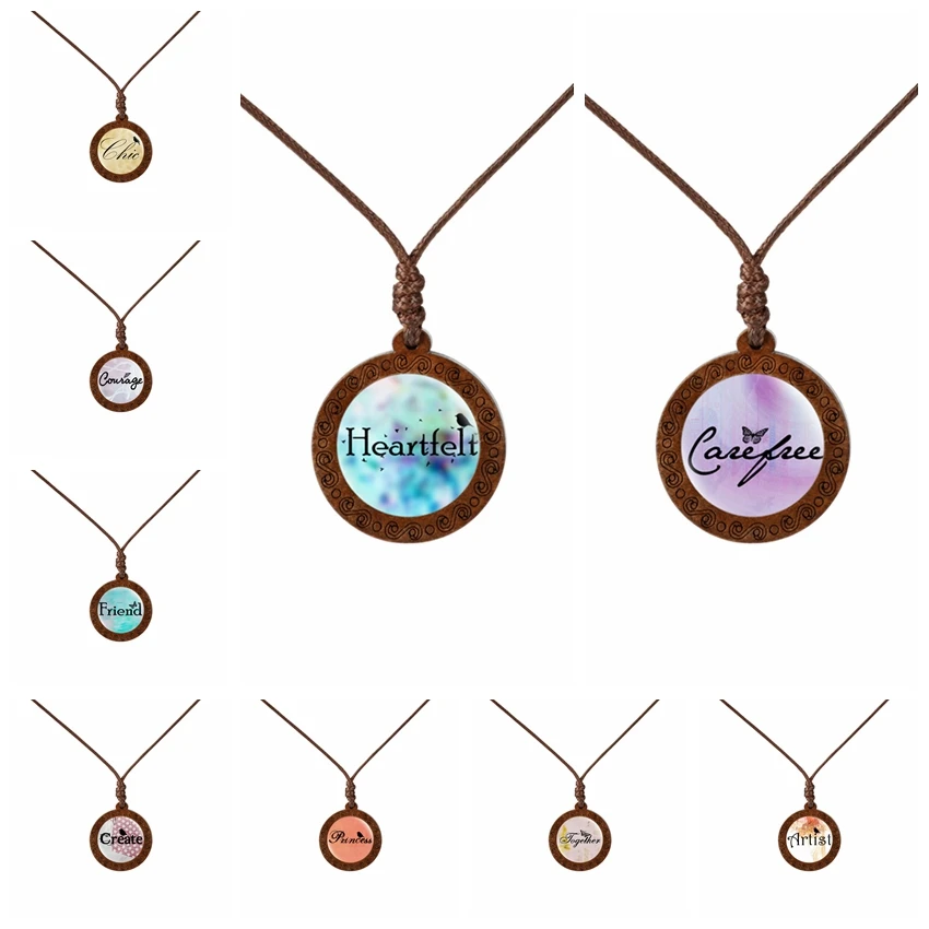 

New Arrival Create Courage Quote Letter Wood Pendant Necklaces Women Jewelry Wax Rope Chain Necklaces Best Gift for Friend