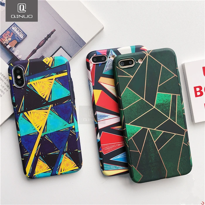 

QINUO 360 Degrees Full Protection Geometry Painted Hard Phone Case For iPhone X XS Max XR 6 6S 7 8 Plus 5 5S SE Shell Free Glass