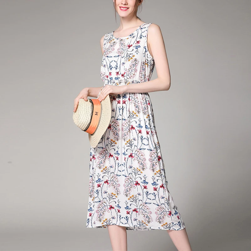 Boho Dress Spring Summer Floral Print Women Maxi Sleeveless Long Dresses Elegants O-neck Beach Fit and Flare White | Женская одежда