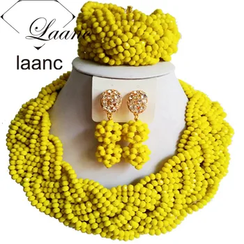 

Fashion Crystal Necklaces Opaque Yellow Nigerian Traditional Wedding African Beads Jewelry Set Free Shipping ABF876