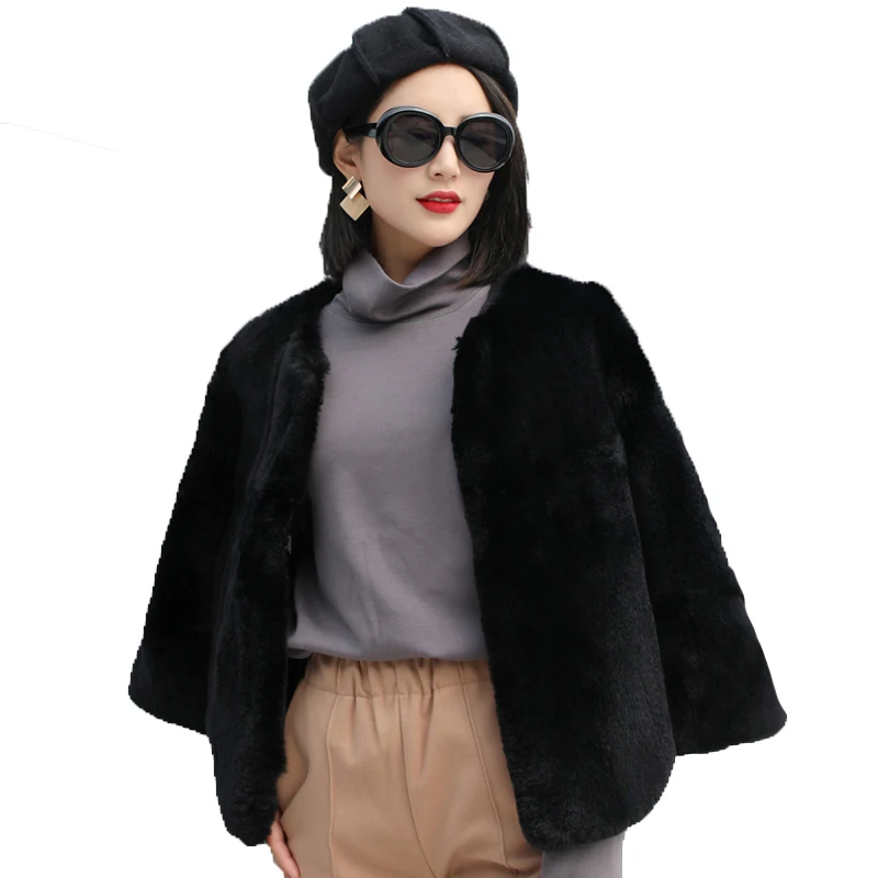 

Winter Coat Women 2019 Real Fur Coat Fashion Design Korean Full Pelt Rex Rabbit Fur Jacket Slim Fit Black Short Plus Size ZT454