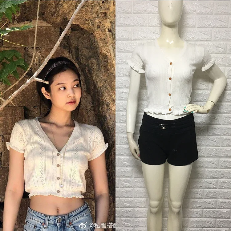 

kpop Blackpink JENNIE 2019 new Fresh sweet Short tshirt women knitting tops girl korean summer sexy V-neck short-sleeved T shirt