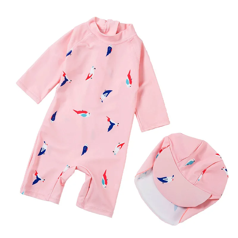 Цельный купальный костюм для маленьких девочек детский купальный костюм с рисунком птиц и УФ защитой детская пляжная одежда купальный комплект для серфинга - Цвет: Розовый