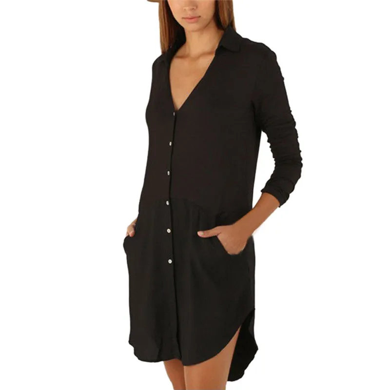 

Fashion Summer Dresses Women Laides Roll up Long Sleeve Button Down Solid With Pocket Mini Dress Sundress z0216
