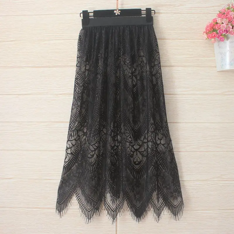 

Women Autumn Winter Hollow Out Lace Midi Skirt Overskirt Elastic High Waist Casual Elegant A Line See Through Bottoming Skirt