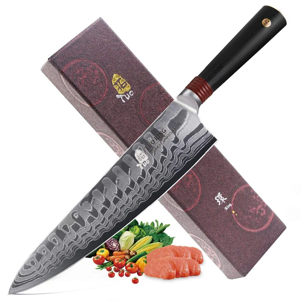 

Chef knife -Damascus Kitchen Knife -Japanese AUS-10 HC Stainless Steel - Ergonomic G10 Handle - RING-D- 9.5'' TUO CUTLERY