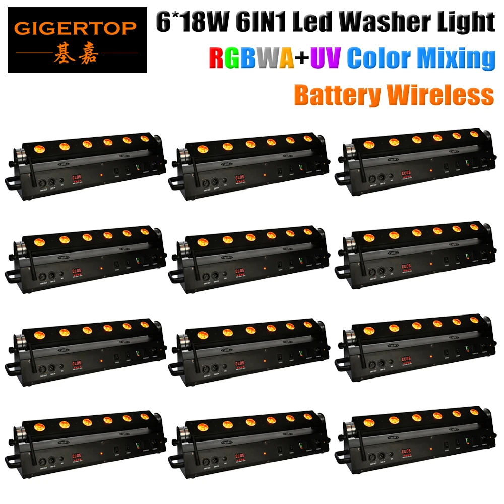 12Pcs/Lot New Wireless Battery Led Washer Light 6*18W 6In1 RGBWA+UV 6 Color Mixing Rechargeable Led Wall Washer 90V-240V Led Bar