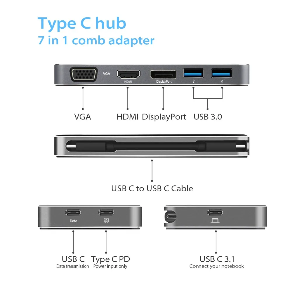 JZYuan type C 7 в 1 док станция для ноутбука USB к HDMI DisPlayPort VGA видео конвертер с 3 0 PD Macbook