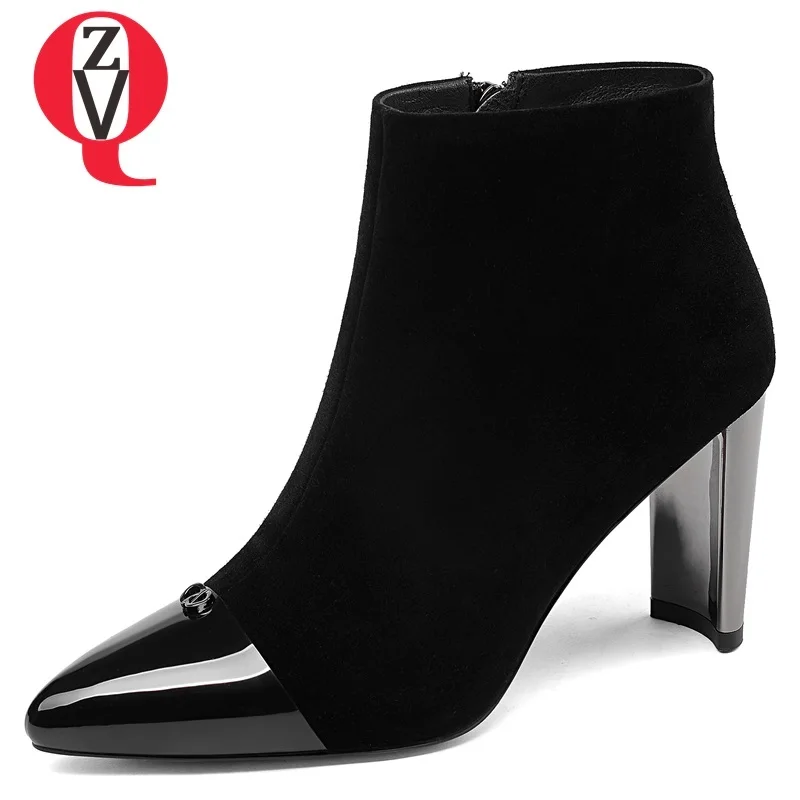

ZVQ women shoes 2018 winter new fashion sexy pointed toe super high strange style kid suede zipper outside party ankle boots