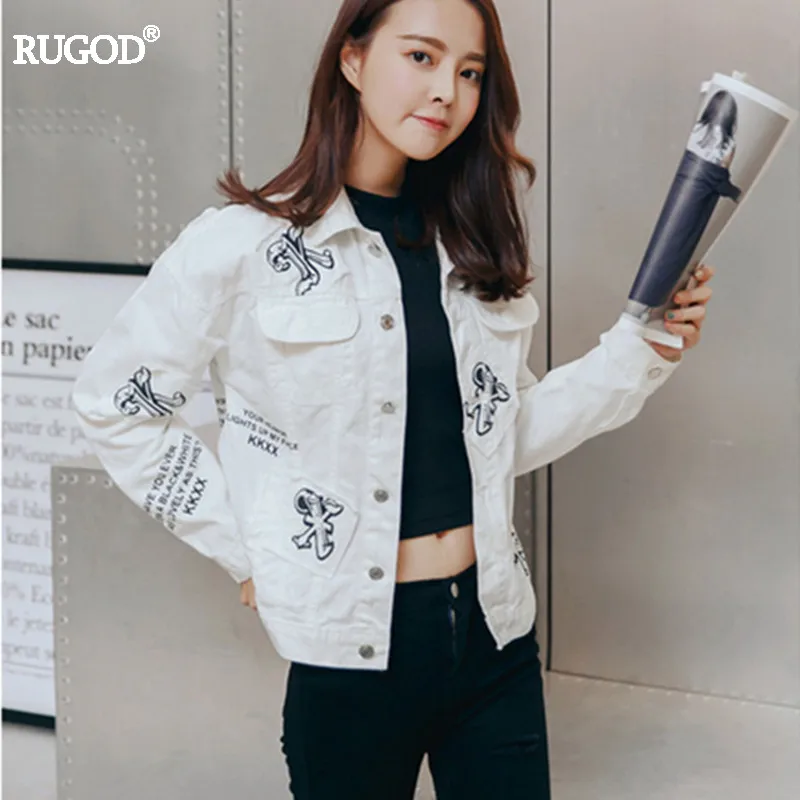 

RUGOD Korean Autumn Letter Patch Spliced Denim Jacket Women Fashion White Long Sleeve Jean Jacket Bomber Jacket 2019