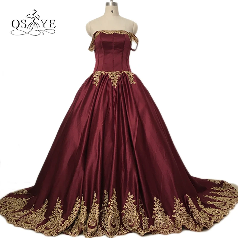 

Burgundy Sexy Off the Shoulder Plus Size Long Prom Dresses with Gold Lace Appliques Satin Women Formal Evening Dress Custom Made