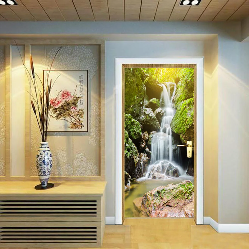 

Waterfall Mountains Door Wallpaper Home Decor Livingroom Bedroom Toilet Stickers WC Wall Decal Bathroom Stickers
