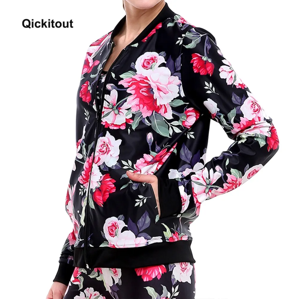 

Qickitout Sweatshirt New 2017 Fitness Autumn&Winter Jacket hoddies Fitness Zipper Women's Beautiful Bright Flowers Coat