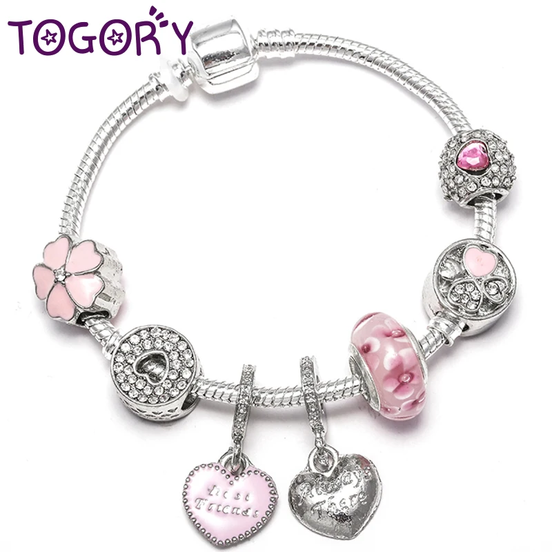 

TOGORY Making Silver Charm Beads Bracelets For Women With European Snake Chain Fine Bracelets & Bangles Femme Bridal Pulseras
