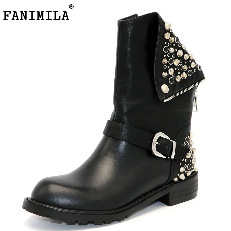

FANIMILA Real Genuine Leather Boots Rivet Square Heels Autumn Winter Mid Calf Sexy Martin Fur Snow Boots Shoes Woman Size 34-43