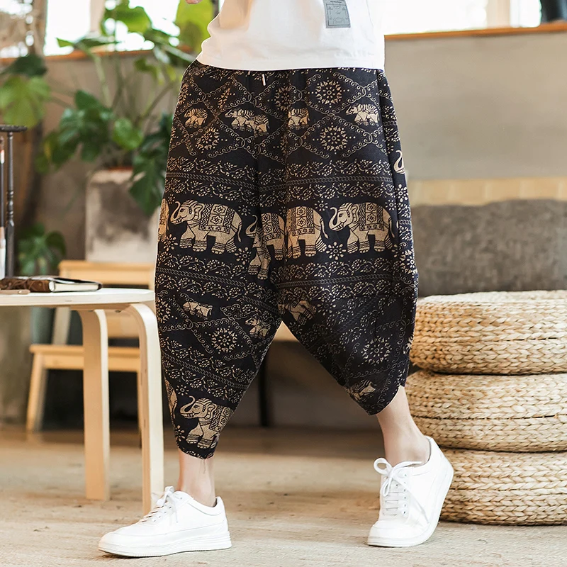Sinicism Store мужские хлопковые льняные брюки, мужские летние повседневные брюки длиной до щиколотки, мужские Мешковатые Свободные брюки с рисунком - Цвет: AsianSize Coffee4