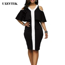 Летнее женское платье, повседневное, размера плюс, тонкое, офисное, элегантное облегающее платье, сексуальное, v-образный вырез, с открытыми плечами, с оборками, вечерние платья 5XL