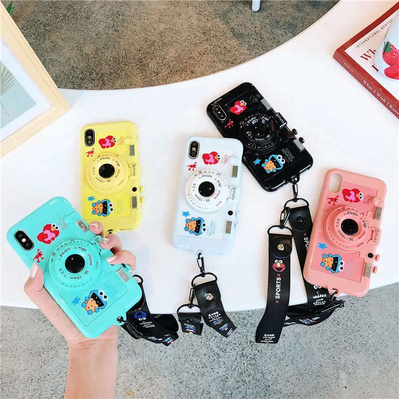 Fashion cute Sesame Street Cookies Pink 3D mirror Camera Stand+Lanyard cover case for iphone 6 7 8 plus XR XS MAX phone cases |