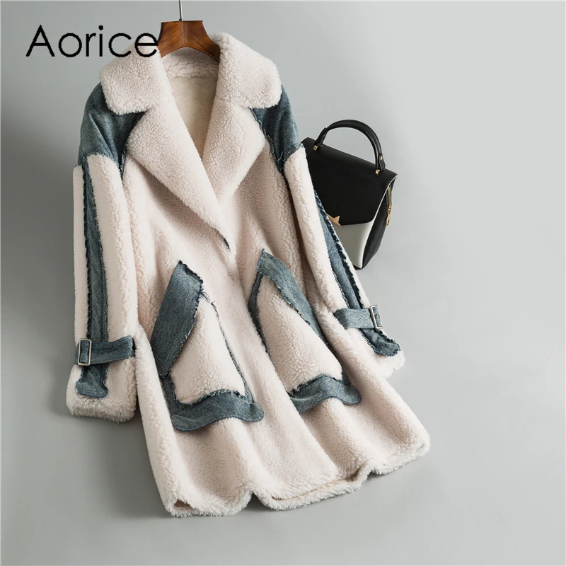 

Winter casual women 30% real wool fur coat Denim piece Button warm jacket sheep shearing girl lady Long jacket overcoat OMS04