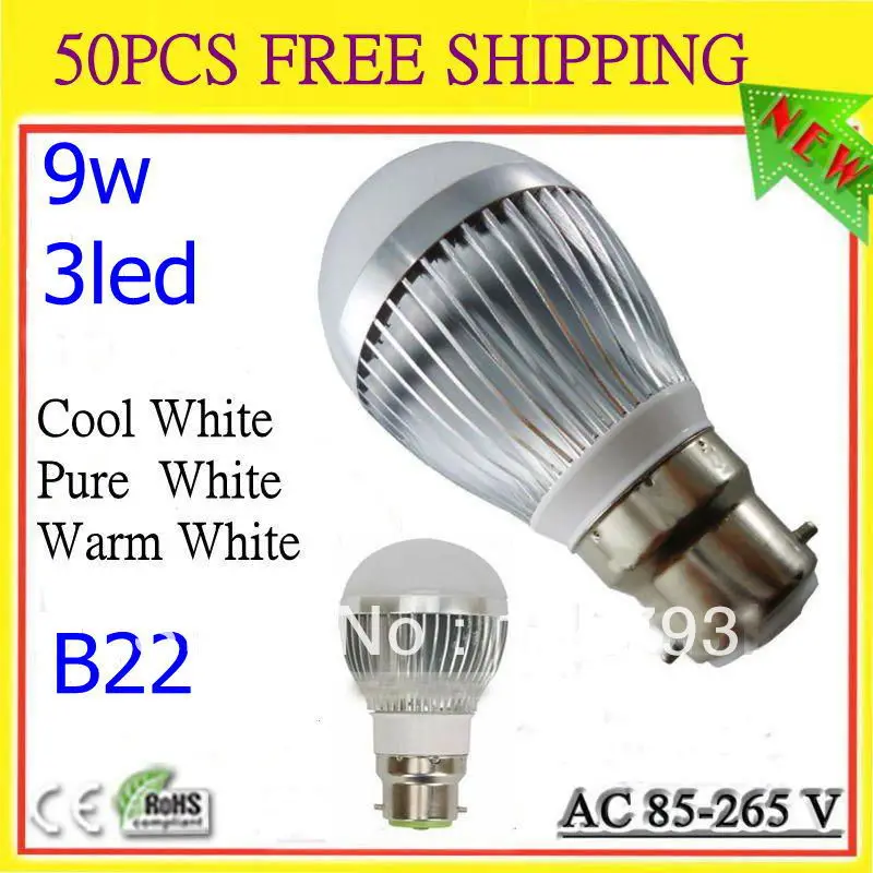 Free shipping + 50PCS B22 9W 3LED 350Lumens 85-265V 3000K~6000K Globe Lamp Light Warm White/White COB Bulb | Лампы и освещение