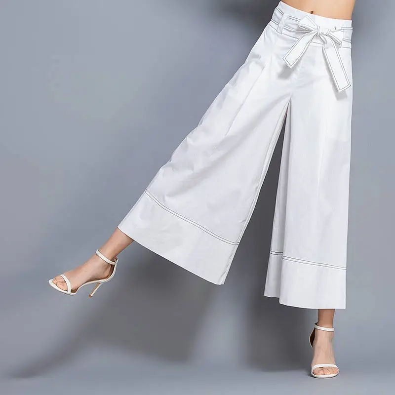 White Lace up women summer ankle wide leg pants High Waist Pockets