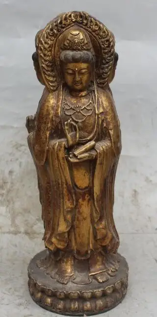 

S5106 11" Chinese Buddhism Bronze Gilt Three Sides Kwan-yin Guan Yin Goddess Statue